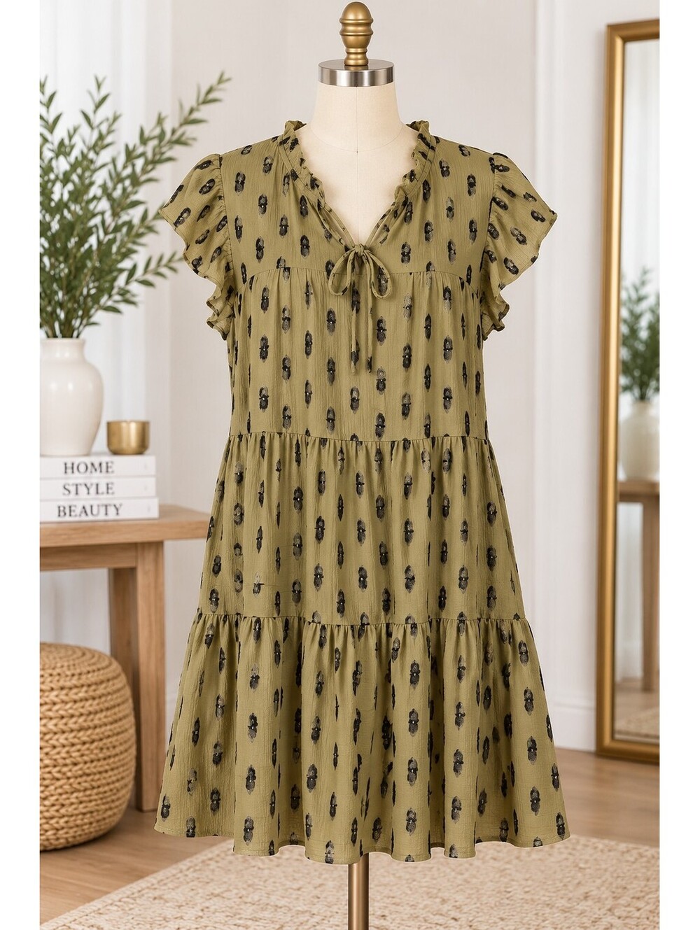 Olive Green Tiered Flutter Sleeve Dress